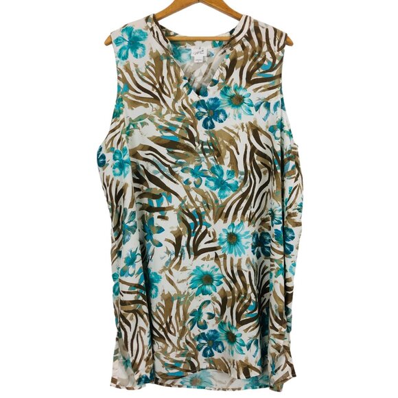 Jaclyn Smith Plus Size Tunic Top 1X Sleeveless V Neck Tropical Print Blue Brown - Picture 1 of 9